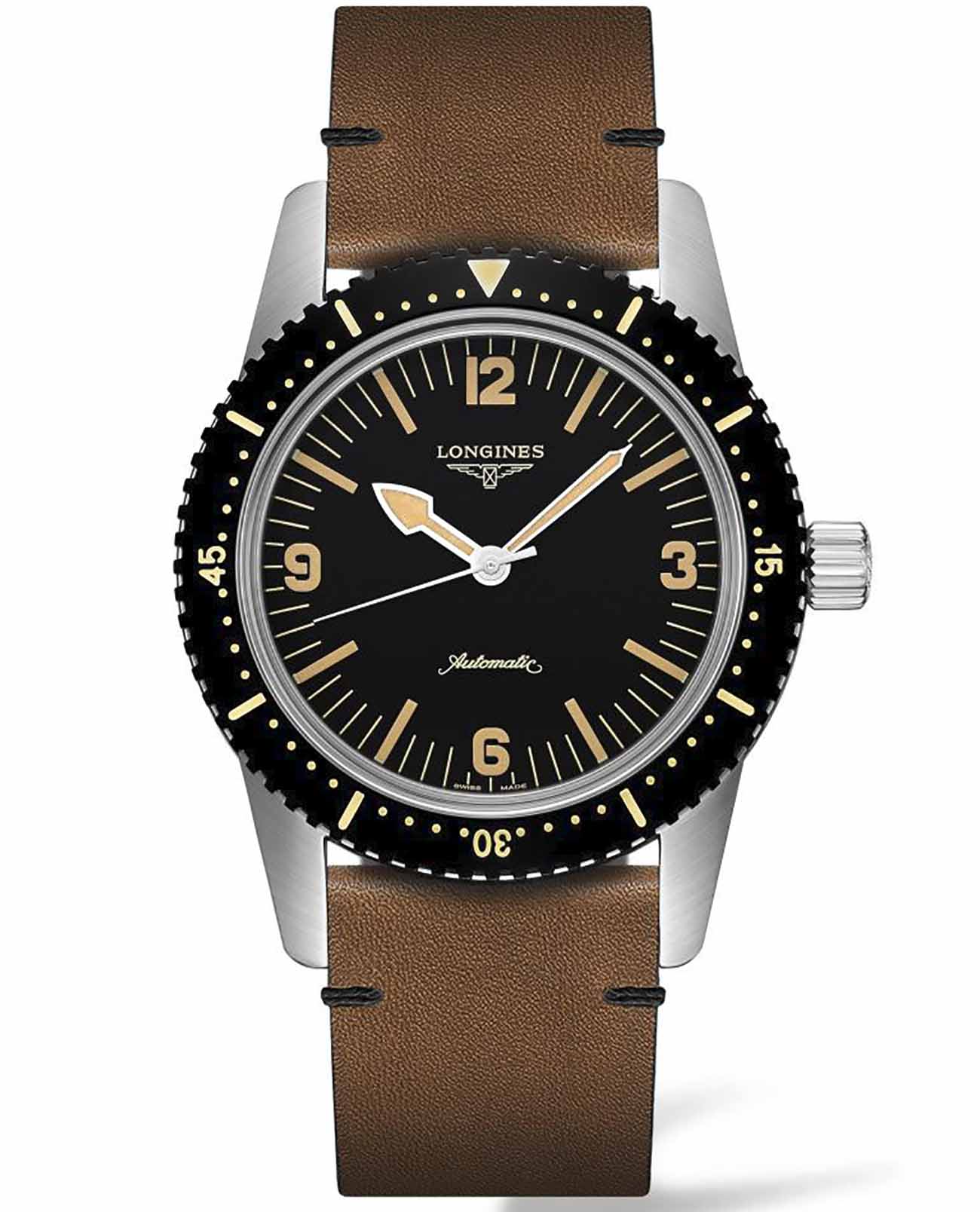 Longines Longines Skin Diver Watch L2.822.4.56.2  L28224562 механические мужские часы черный циферблат, браслет кожаный — вид спереди